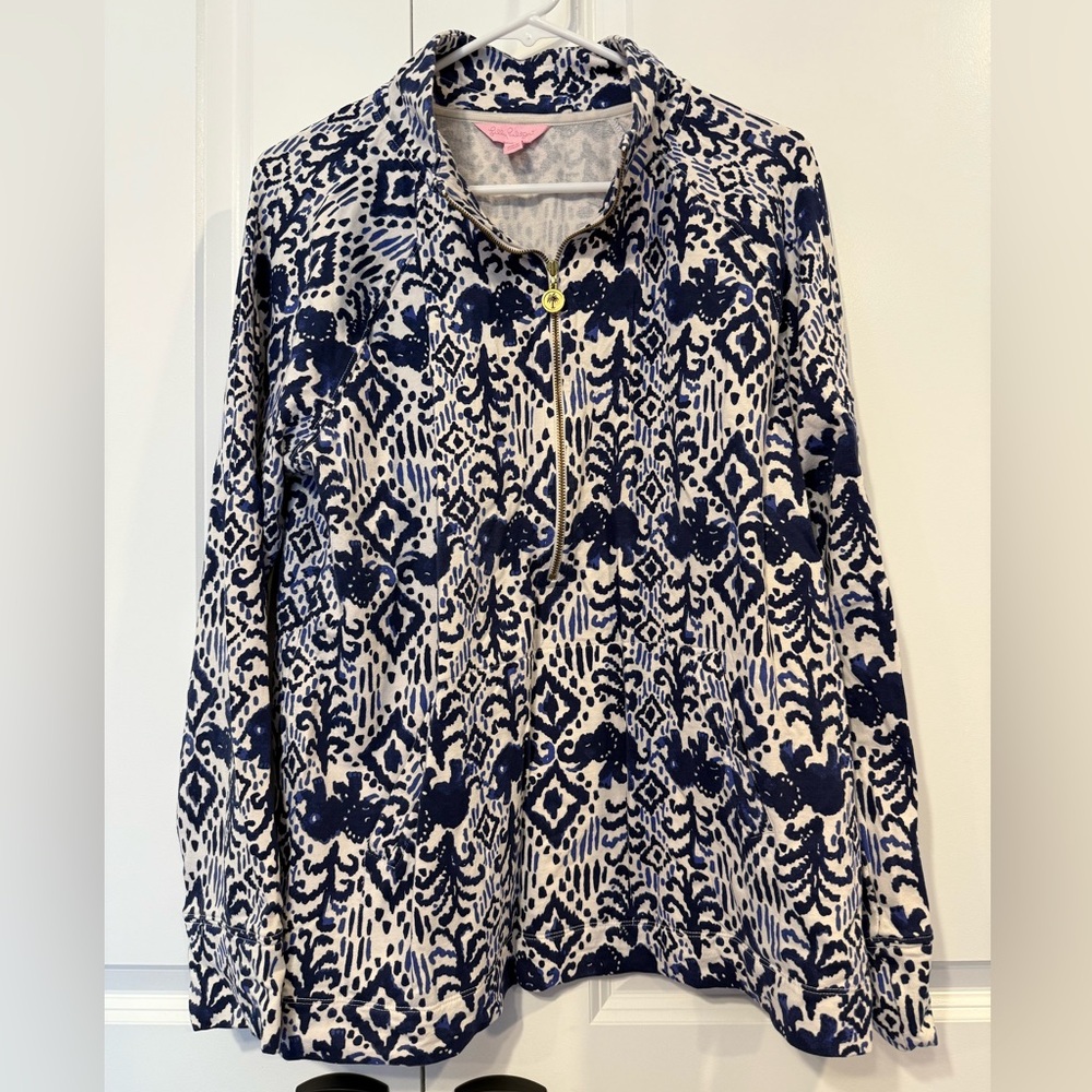 Lilly Pulitzer Elephant Ikat Blue White 1/2 Zip Popover Pullover XL EUC